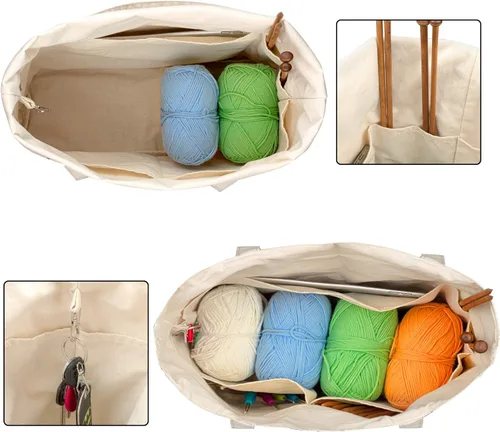 Vista 2 de Yarwo - Bolsa de tejer con pequeña bolsa con cremallera, bolsa de tela para agujas de tejer, madejas de hilo y suministros de manualidades
