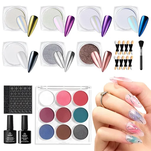 Vista 9 de Beetles - Kit de polvo de uñas cromado metálico, set de polvo de gradiente de uñas holográfico con efecto espejo y pegatinas adhesivas de arte