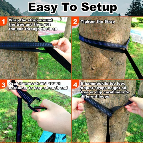 Vista 6 de SZHLUX Correas de hamaca para árboles, juego de dos de 10 pies de largo, con 38 bucles y 2 mosquetones, accesorios esenciales para hamaca