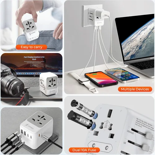 Vista 7 de Adaptador de viaje universal 6 en 1-10A Adaptador de corriente internacional con 3 puertos USB C, 2 puertos USB A Cargador portátil rápido