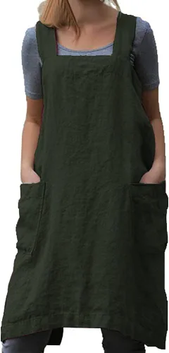 TBA Delantal de lino de algodón, delantal con espalda cruzada para mujer con bolsillos grandes, vestido tipo delantal cuadrado para hornear,