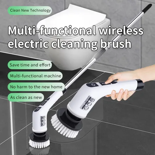 Vista 2 de Limpiador eléctrico giratorio, cepillo de limpieza inalámbrico con extensión ajustable para el hogar, 9 cabezales de cepillo reemplazables, 2