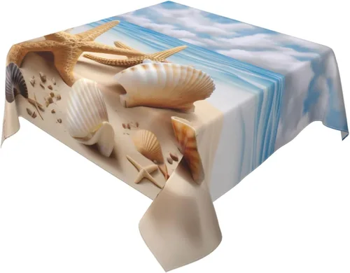 Vista 8 de Mantel cuadrado de 54 x 54 pulgadas, diseño de estrella de mar y conchas marinas, cielo azul, mantel de cocina de verano y océano, decorativo
