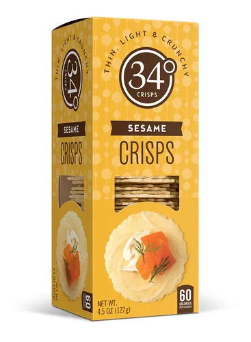 34 Degrees Sesame Crisps | Galletas finas ligeras y crujientes para embutidos, tablas de queso y entretenimiento, paquete individual (4.5 onzas)
