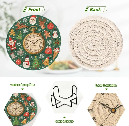 Vista 4 de Merry Christmas Vintage Pocket Watch Green Coasters Absorbant Set with Holder 6 Pack Drink Coasters for Home Posavasos para Mesa