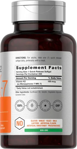 Vista 2 de Horbäach Vitamina K2 MK7 100mcg 250 cápsulas blandas Suplemento sin OMG, sin gluten