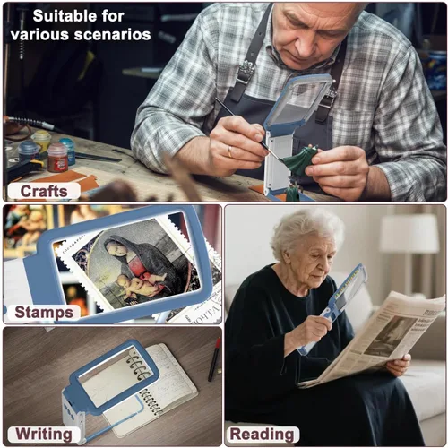 Vista 6 de Lupa 10X con Luz y Soporte, Lente de Vidrio Real, Lupa de Mano Plegable Recargable, 3 Modos de Color Regulables, Lupa de Página Iluminada para Leer