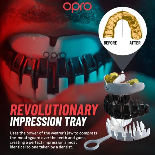 Vista 4 de OPRO Protector bucal instantáneo de ajuste personalizado, comodidad, protección y ajuste a nivel de dentista - Protector bucal moldeable para fútbol