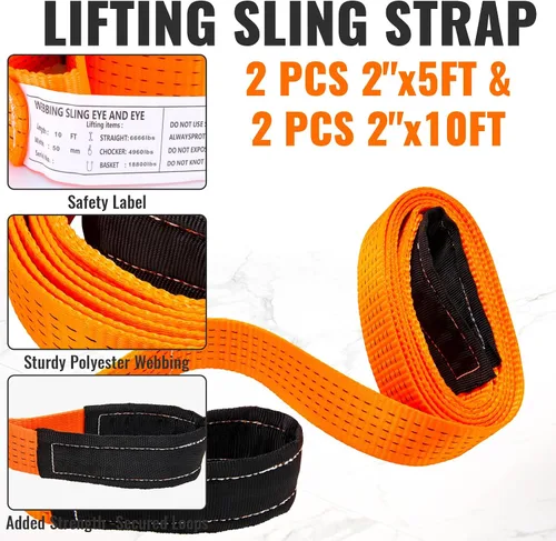 Vista 4 de 2 piezas de 2" x 1.5 m y 2 piezas de 2" x 3 m de correas de eslinga de elevación de nylon resistente, correa de aparejo plana súper resistente