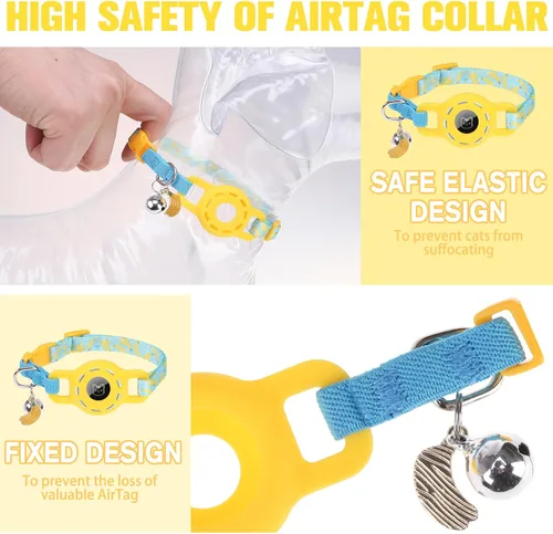 Vista 2 de BINGPET AirTag - Collar de gato con campanas, collar elástico de seguridad mejorado con soporte para collar de gato Airtag, collares de gato