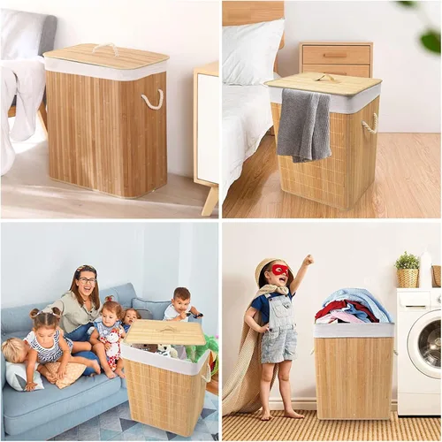 Vista 6 de Cesta de lavandería de bambú, cesta grande de almacenamiento de ropa con tapa y forro extraíble, cesta de ropa sucia independiente, cesta