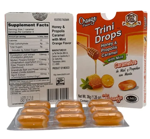 Vista 2 de Caramelos de propoleo-menta & Naranja, Paquete de 2 (9 piezas cada cartaa) La Tia Trini Caramelos de propóleo y menta Paquete de 2
