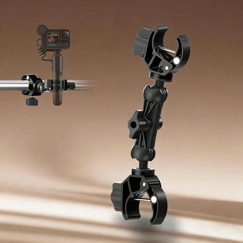 Vista 5 de Soporte de doble abrazadera con brazo mágico de 360°, abrazadera de paraguas a prueba de óxido para silla, cochecito, silla de ruedas, soporte