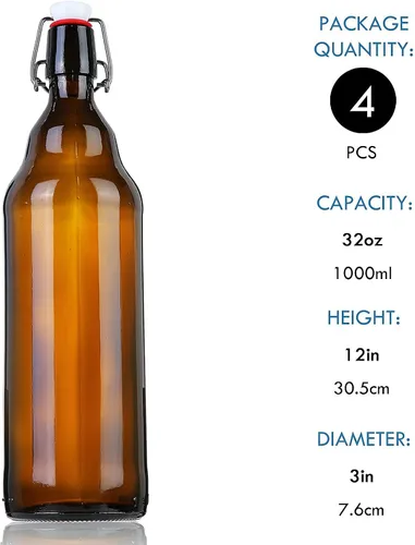 Vista 7 de YEBODA Botellas de cerveza de vidrio ámbar de 32 onzas para elaboración casera con tapas abatibles, caja de 4