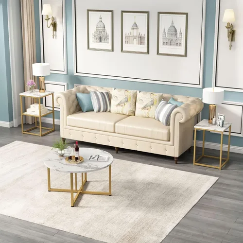 Vista 3 de JOSMORE Coffee Table Set of 3, Living Room 3-Piece Table Sets, Modern Round Coffee Table & 2pcs End Table, Faux Marble Table Set with Gold Metal