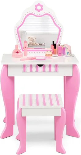 Vista 9 de HONEY JOY Tocador para Niños, Mesa de Maquillaje para Niños Pequeños con Espejo y Taburete, Tocador de Madera de Juego de Simulación para Niñas
