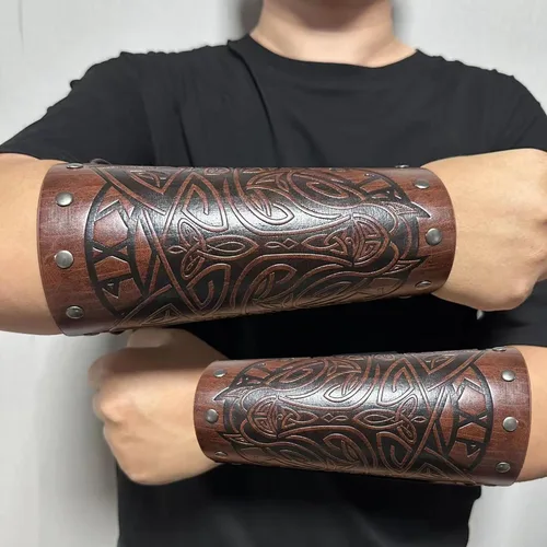 Vista 7 de AZORA Pulsera de cuero con guantelete medieval, con hebilla, brazalete ancho, armadura, 2