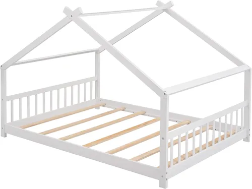 Vista 9 de Camas de madera Montessori tamaño matrimonial, cama de plataforma para niños con cabecero y estribo, no necesita somier (blanco)