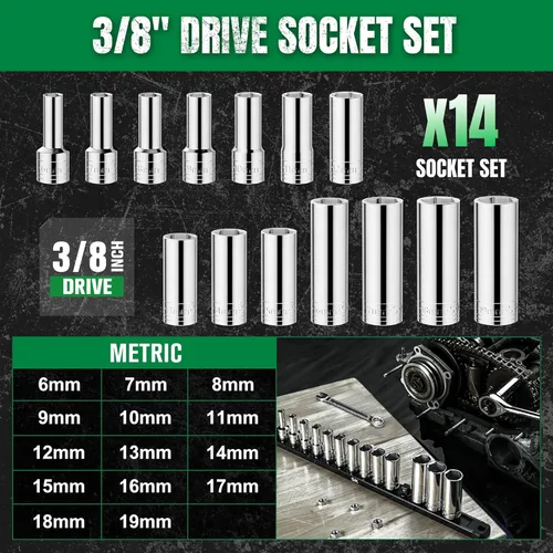 Vista 3 de SK Tools USA - Juego de llaves de vaso de 3/8 pulgadas, llaves métricas profundas, 14 piezas de 0.236-0.748 in, acabado SuperKrome, construcción