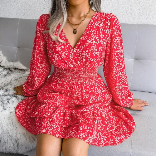 Vista 5 de Vestidos de noche plisados para mujer, vestido de cóctel con flores, cómodo, clásico, delgado, manga larga, cuello en V