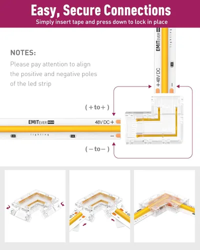 Vista 5 de EMITEVER Conectores de tira LED de 0.394 pulgadas, 12 piezas, conector de esquina LED en forma de L, sin soldadura, cinta transparente sin