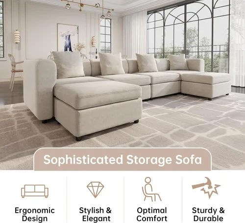 Vista 6 de Guyii Sofá modular de terciopelo, moderno sofá de 4 plazas de gran tamaño con 3 almohadas y reposapiés de almacenamiento, sofá convertible de 115.74