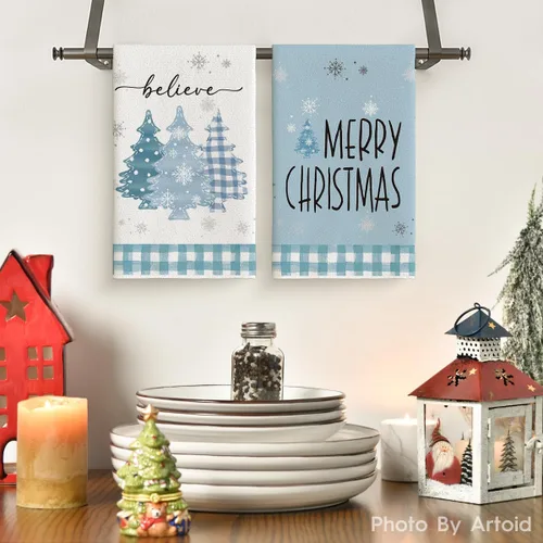 Vista 2 de Artoid Mode Juego de 4 toallas de cocina Blue Pine Trees Merry Christmas, 18 x 26 pulgadas, bolas de Navidad de invierno, decoración navideña, juego