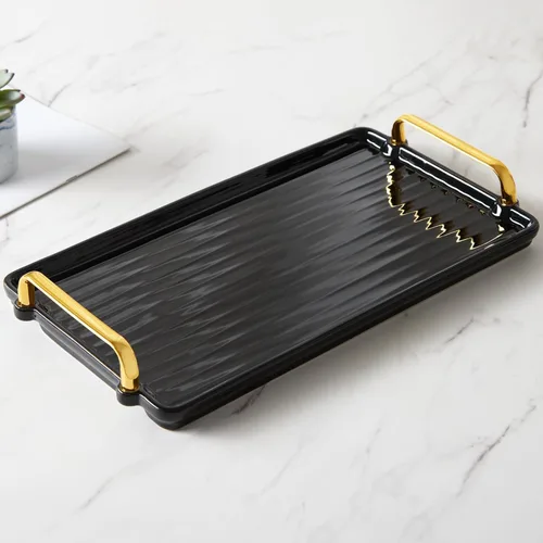 Vista 8 de DUJUST - Bandeja de servir de porcelana con asas doradas, bandeja de mesa de café de estilo nórdico moderno, hermosa bandeja de té decorativa