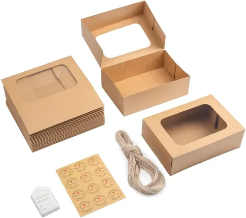 Vista 6 de YEKTFS 24 piezas de cajas para galletas con ventana para regalos de papel, cajas de regalo marrón para panadería de 9 x 6.3 x 3 pulgadas, fácil