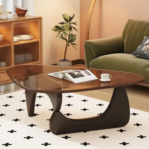 Vista 5 de Mesa de café para sala de estar, mesa central moderna de mediados de siglo con tapa de vidrio y madera, marrón/negro