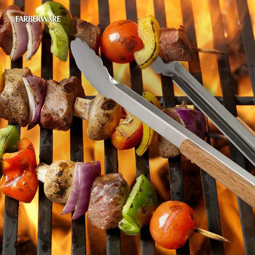 Vista 6 de Farberware Pinza con mango de madera de acacia para barbacoa, 17 pulgadas, acero inoxidable