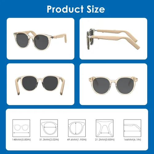 Vista 6 de GetD Lentes de sol inteligentes, lentes polarizados redondos Bluetooth para mujeres y hombres con altavoz, gafas de música, traductor AI, duración