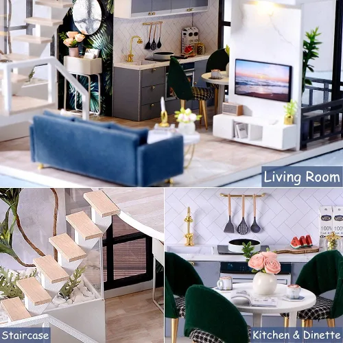 Vista 5 de Kit de casa de muñecas en miniatura con muebles, a prueba de polvo y movimiento de música