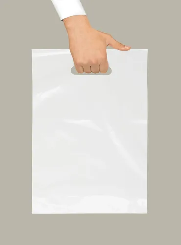 Vista 3 de Purple Q Crafts Plastic Bag With Die Cut Handle 9" x 12" White Merchandise Bags 100 Pack for Retail, Gifts and Shows