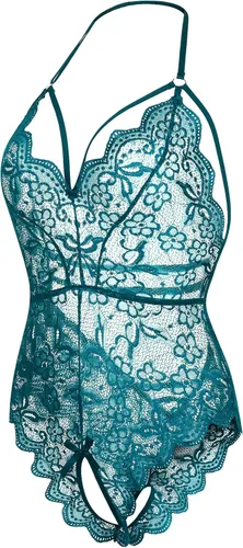 Vista 2 de Ababoon Lencería de encaje para mujer, ropa de dormir de una pieza, babydoll con tirantes delgados, cuello en V