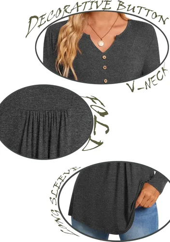 Vista 5 de CATHY Blusa tipo túnica de manga larga para mujer, cuello en V, con botones, informal, plisada, básica