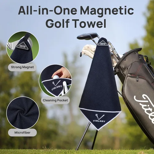 Vista 2 de Toalla de golf magnética para bolsa de 18" x 18" con clip, bolsillo de limpieza exclusivo de microfibra waffle ultra absorbente, limpiador de palos