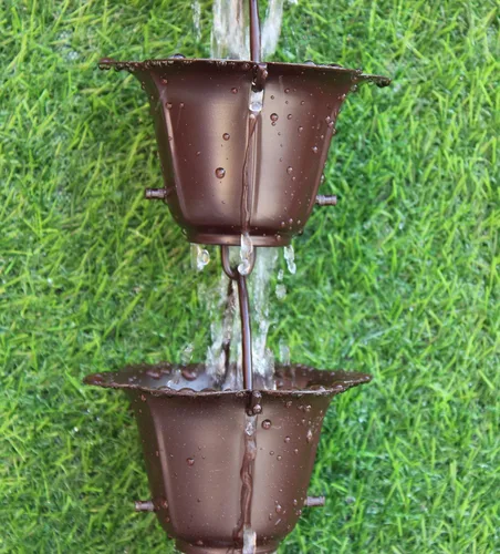 Vista 3 de KAM Home Cadena de lluvia de flores de 8.5 pies (bronce) con adaptador de canalón de perno de latón para instalación de cadena de lluvia, estándar