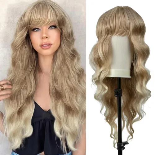 Peluca rubia con flequillo de 26 pulgadas de largo, rizada, ondulada para mujer, pelucas rubias degradadas con flequillo, aspecto natural, pelucas