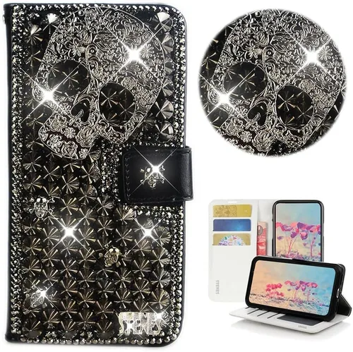 STENES Bling Wallet - Funda de cuero para teléfono compatible con iPhone 11, elegante, hecha a mano en 3D, diseño de calavera punk con purpurina y