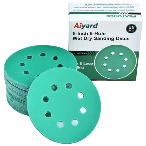 Vista 14 de Discos de Lijado Húmedo y Seco de 5 Pulgadas de 8 Agujeros 80/120/180/220/320 Granos Surtidos, Papel de Lijado de Gancho y Bucle de Película