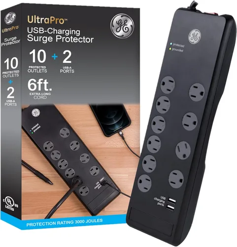 Vista 9 de GE Protector SurGE de 6 tomas, tira de alimentación trenzada de 6 pies, enchufe plano, adaptador espaciado, extensor de salida múltiple