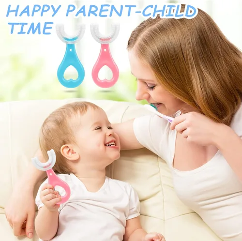 Vista 6 de Paquete de 4 cepillos de dientes en forma de U para niños, cepillo de silicona suave, cabeza entera con asa, diseño de limpieza oral de dientes