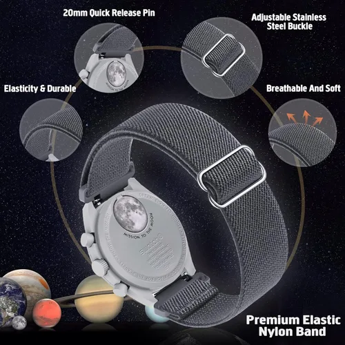 Vista 7 de Correa de nailon elástica de 0.787 pulgadas compatible con Omega X Swatch Moonswatch Speedmaster para mujeres y hombres, correa de reloj elástica