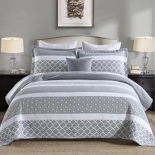 Vista 16 de PERHOM Juego de edredón 100% algodón tamaño Queen - 3 piezas, estilo bohemio, a rayas, ligero, suave, transpirable, juego de ropa de cama beige gris