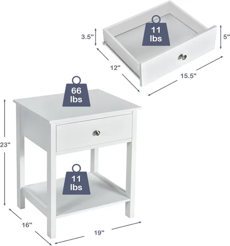 Vista 3 de COSTWAY 2PCS Mesita de noche con cajón Estante de almacenamiento de madera Mesita de noche Sofá Mesa auxiliar Blanco