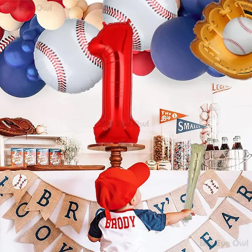 Vista 6 de Novato del año 1er cumpleaños decoraciones de béisbol papel de aluminio rojo número 1 globos conjunto de un primer cumpleaños suministros