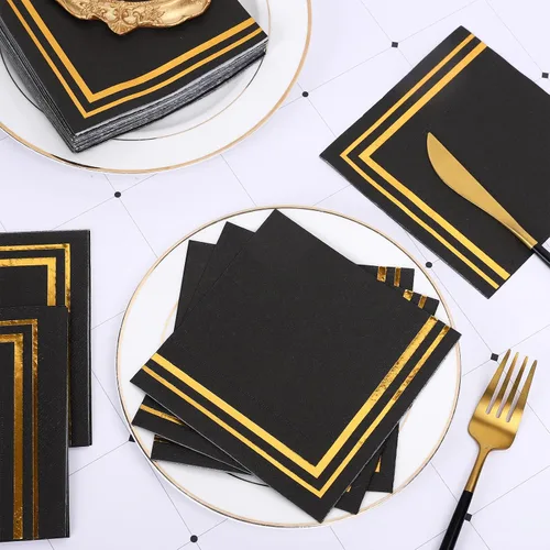 Vista 3 de Whaline 100 servilletas de cóctel doradas y negras, servilletas de papel de papel de aluminio dorado grueso desechable para postre para cumpleaños