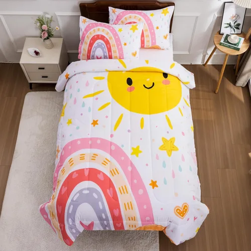 Vista 24 de Btargot Juego de edredón de 3 piezas para niños con 2 fundas de almohada, corazones de amor de dibujos animados, soles y estrellas, juego de ropa