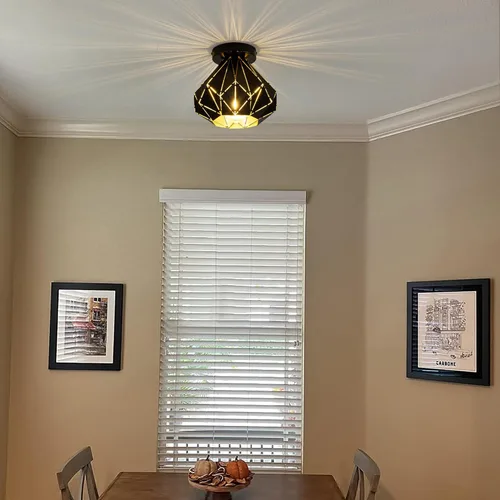 Vista 5 de Modern Geometric Ceiling Light, Black Metal Diamond Cage Design, Semi-Flush Mount, Industrial Style, E26, Matte Black with Gold Inside